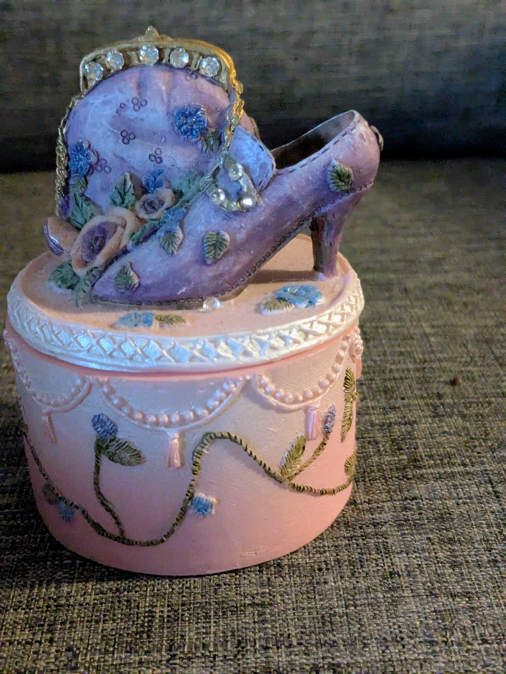 Charming lavender decorative shoe trinket box with floral accents.